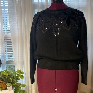 Elegant Black Crew Neck Sweater with Sparkling Embellishments